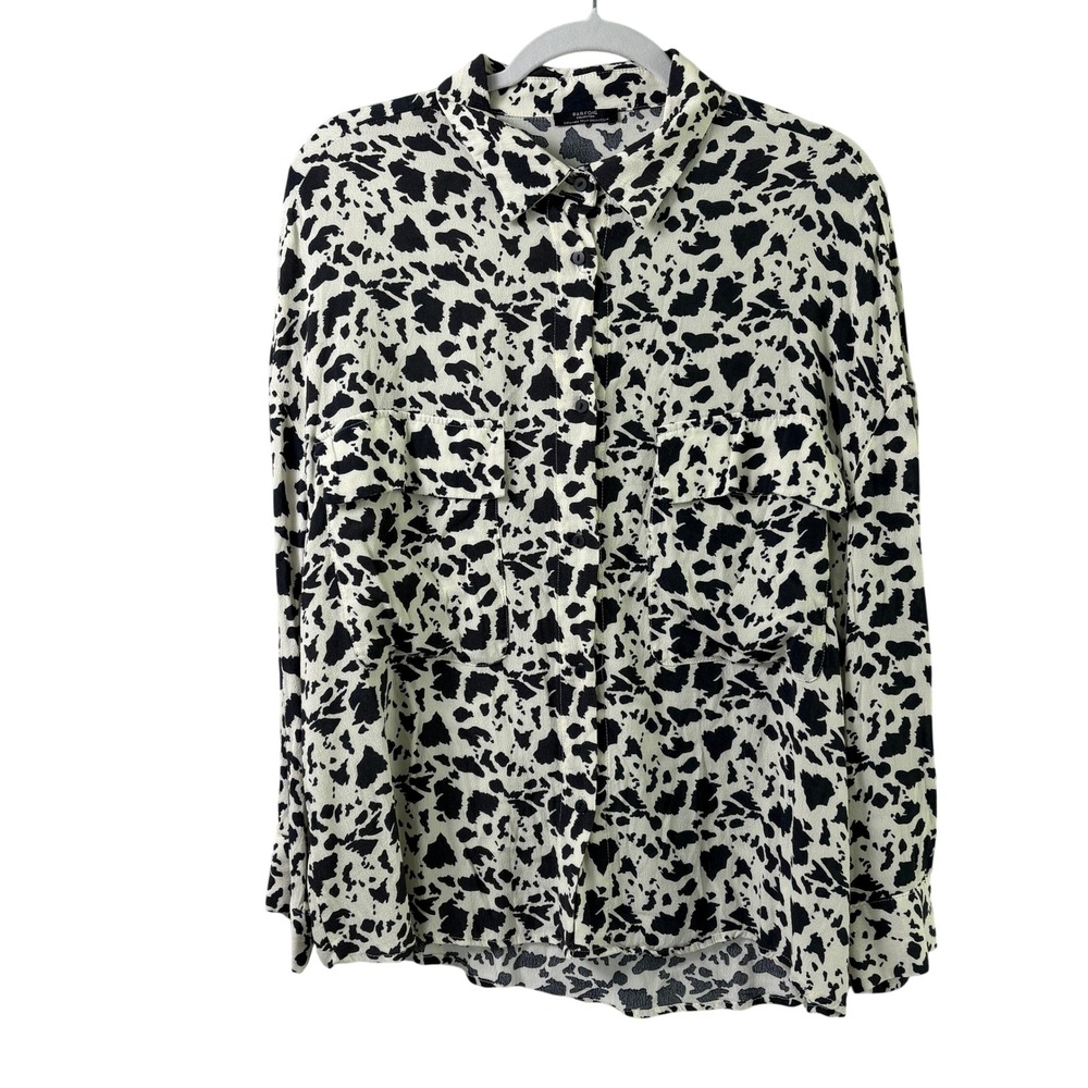Parfois Button Down Shirt Womens OS M Black Off White Geometric Pockets Viscose